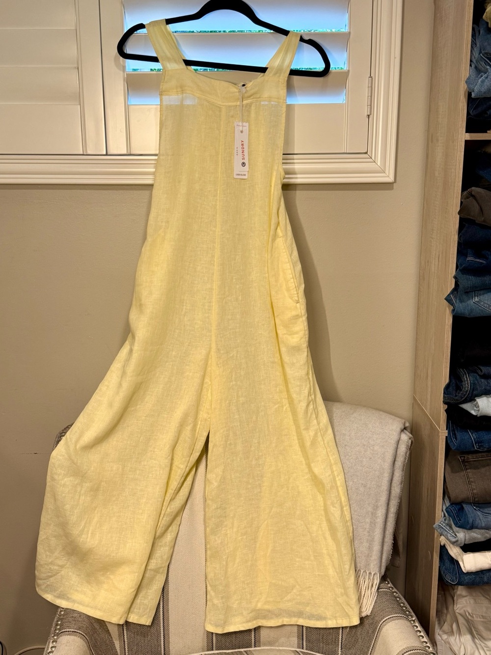 Sundry Pale Yellow Sleeveless Wide-Leg Linen Jumpsuit